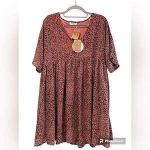 Umgee Short Sleeve Leopard V-Neck A-Line Smock Dress Pink Women’s‎ Medium
